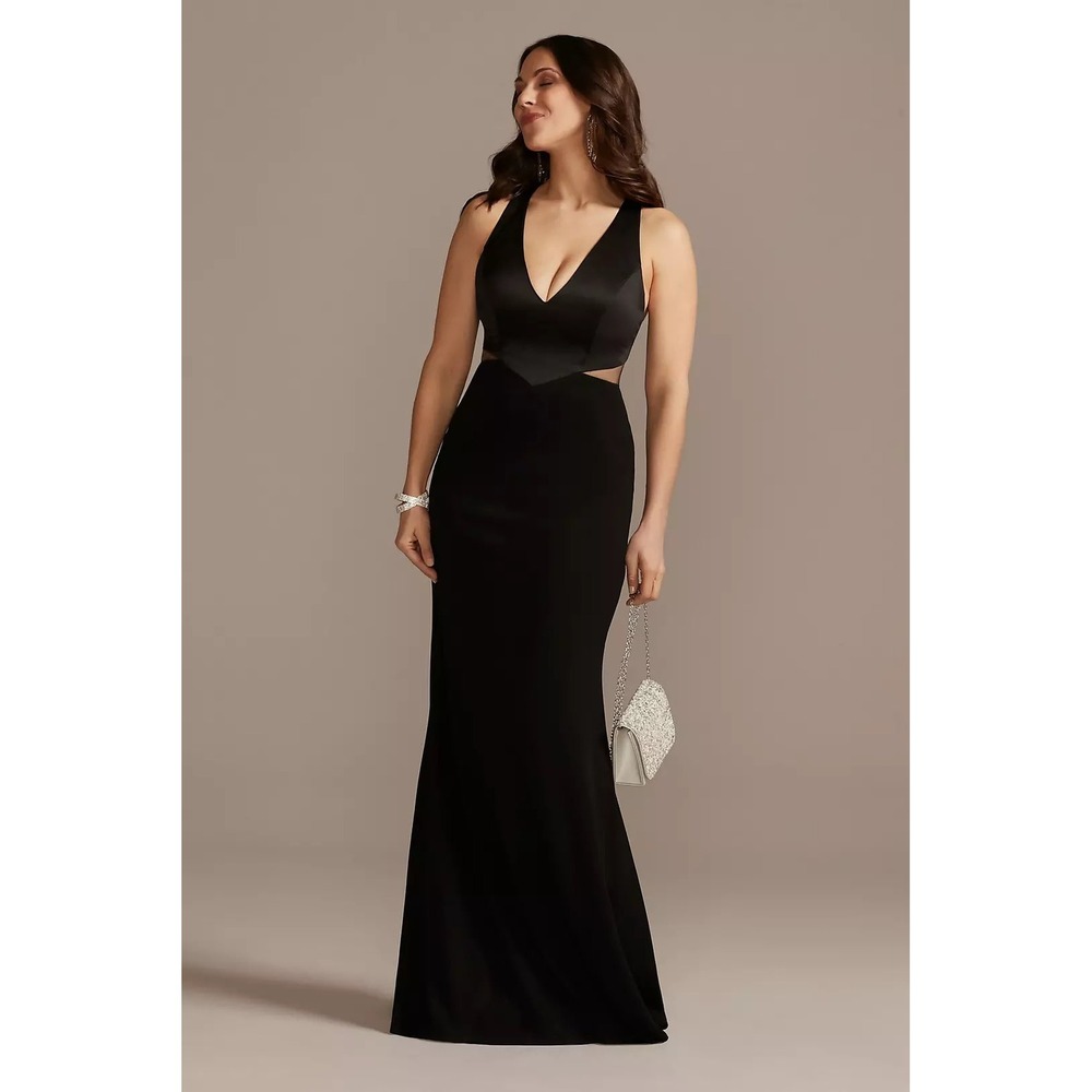 DB Studio Gown Size 10 Black Crepe Sheath Plunge Mesh Cutout Formal Dress